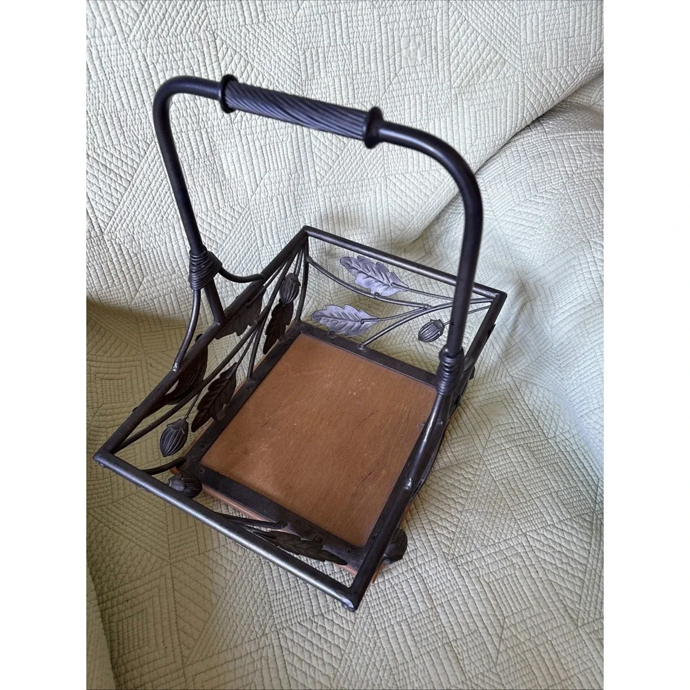 Beautiful Vintage Bronze Metal Rectangular Basket w/Handle & Wood Base 12.5x9